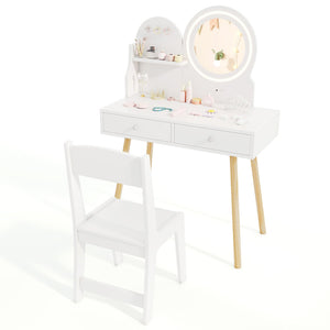 Kids Princess Makeup Dressing Desk and Chair Set with Mirror and Lights-White view 4