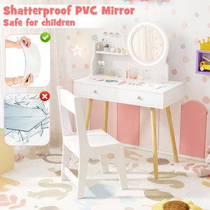 Kids Princess Makeup Dressing Desk and Chair Set with Mirror and Lights-White view 6
