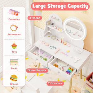 Kids Princess Makeup Dressing Desk and Chair Set with Mirror and Lights-White view 9