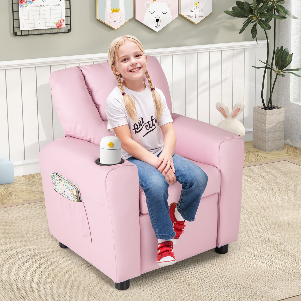 Kids Recliner Chair PU Leather Push Back Toddler Recliner with Cup Holder and Side Pocket-Pink view 2