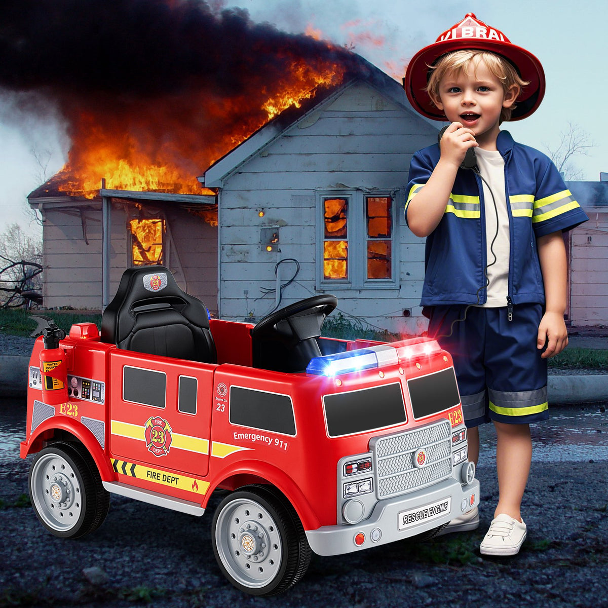 Kids Ride on Fire Truck with Remote Control and Extinguisher-Red view 2
