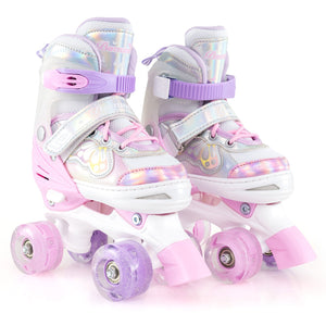Kids Roller Skates 4 Sizes Adjustable Quad Skates with Light-up Wheels and Safety Protection-Pink
