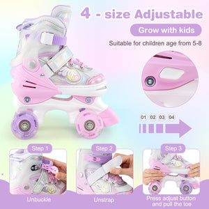Kids Roller Skates 4 Sizes Adjustable Quad Skates with Light-up Wheels and Safety Protection-Pink view 7