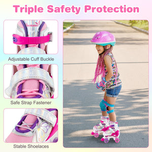 Kids Roller Skates 4 Sizes Adjustable Quad Skates with Light-up Wheels and Safety Protection-Rose Red view 9