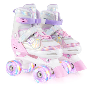 Kids Roller Skates 4 Sizes Adjustable Quad Skates with Light-up Wheels-Pink