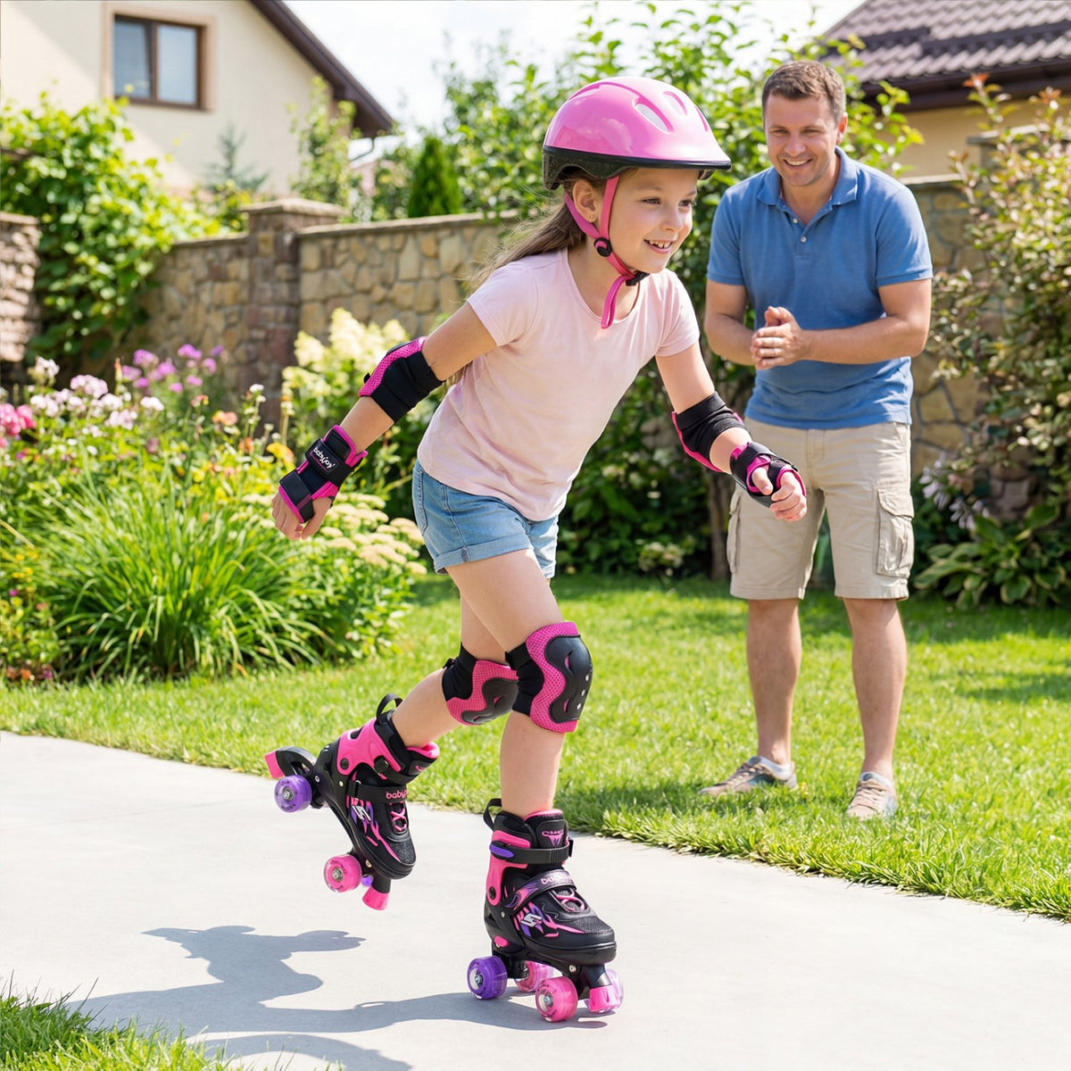 Kids Roller Skates for Girls Boys 4 Sizes Adjustable Quad Skates with Light-up Wheels for Outdoor-Pink view 2