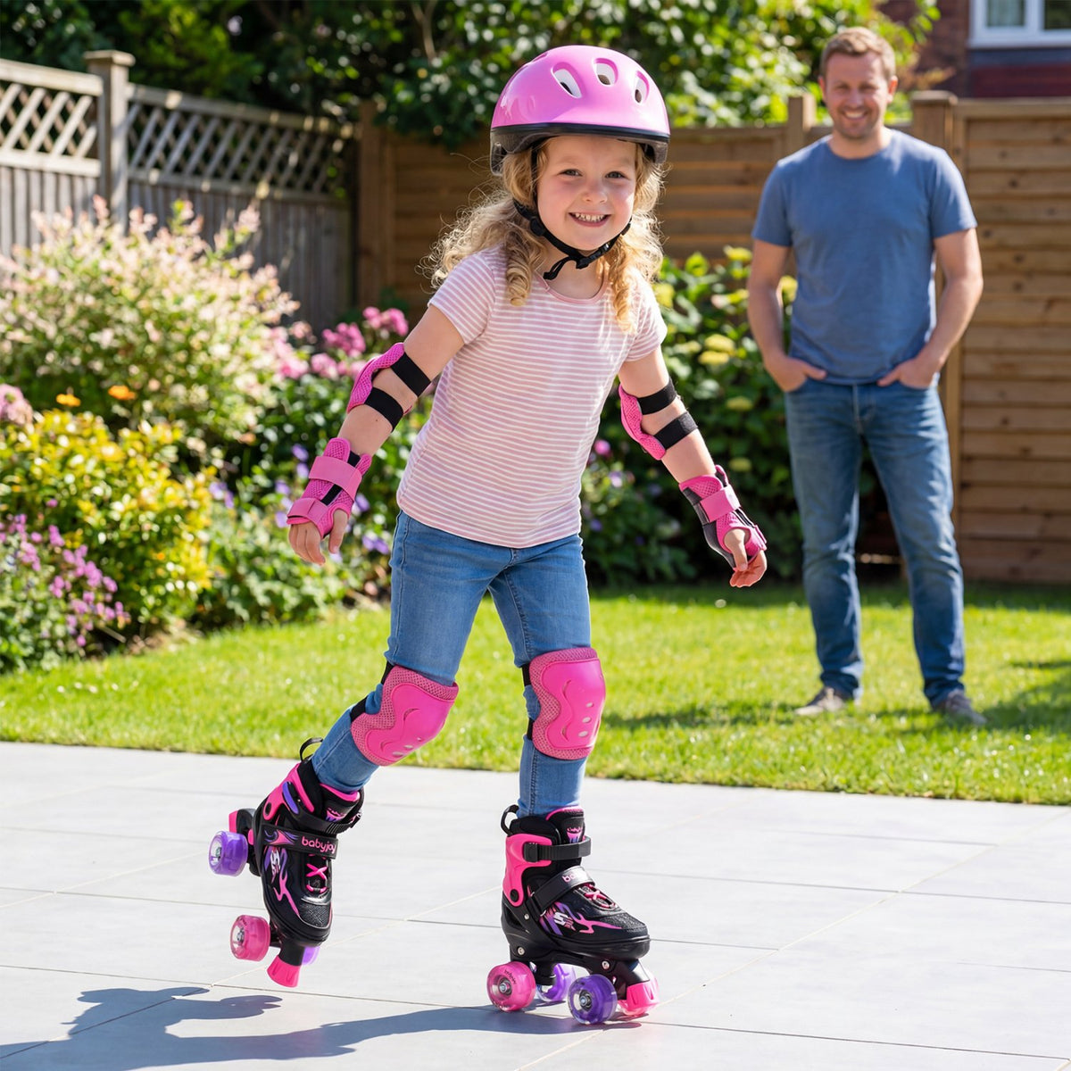 Kids Roller Skates for Girls Boys 4 Sizes Adjustable Quad Skates with Light-up Wheels-Pink view 2