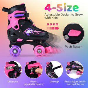 Kids Roller Skates for Girls Boys 4 Sizes Adjustable Quad Skates with Light-up Wheels-Pink view 5