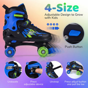 Kids Roller Skates for Girls Boys Teens 4 Sizes Adjustable Quad Skates with Light-up Wheels-Navy view 5