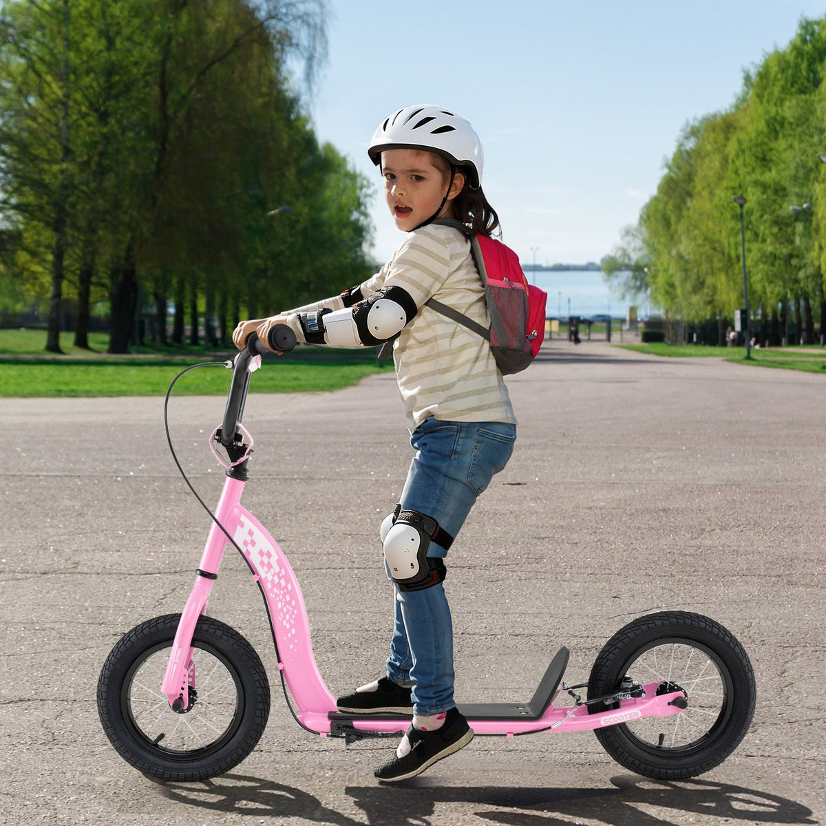 Kids Scooter Youth Kick Scooter with Adjustable Height Handlebar 12-Inch Inflatable Wheels-Pink view 2