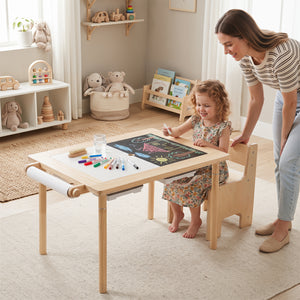 Kids Sensory Table Set with Adjustable Height and 2 Storage Bins-Natural view 3