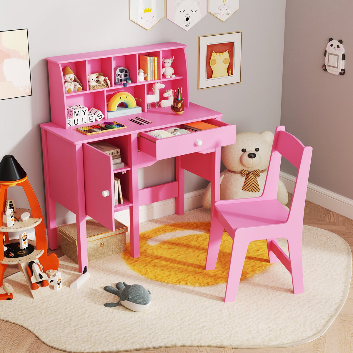 Kids Study Desk and Chair Set with Chair Hutch and Storage Cabinet for 3+ Years Old-Pink view 2