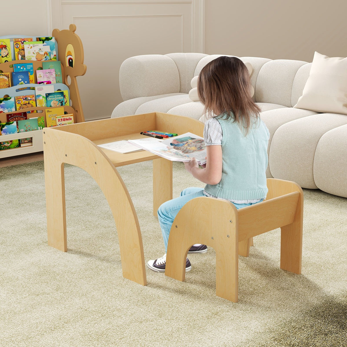 Kids Table and Chair Set with Wide Tabletop and Curved Edges for Kids Room-Natural view 2