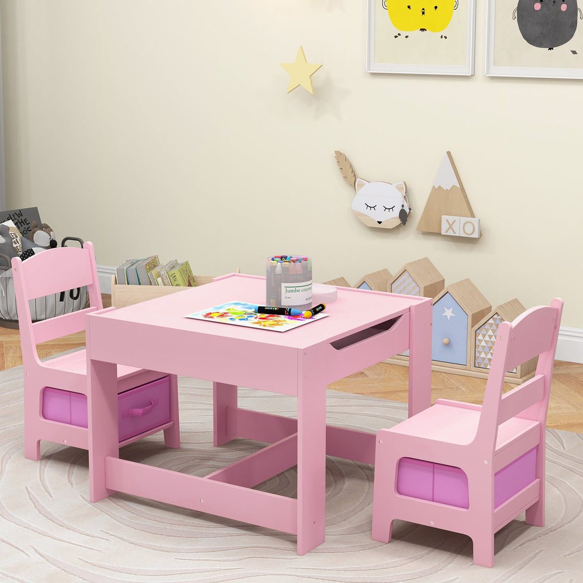 Kids Table Chairs Set With Storage Boxes Blackboard Whiteboard Drawing-Pink view 2