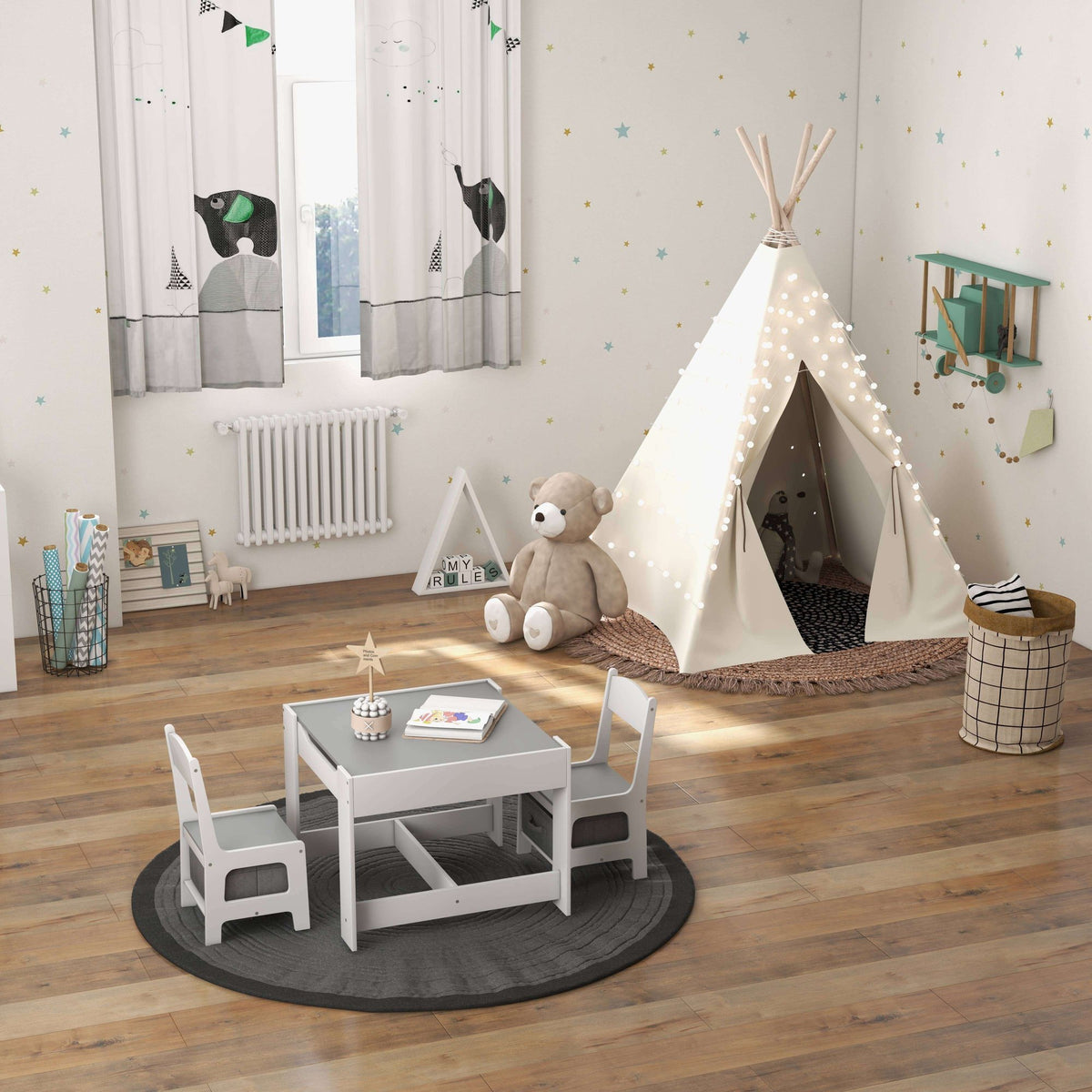 Kids Table Chairs Set With Storage Boxes Blackboard Whiteboard Drawing-White view 2