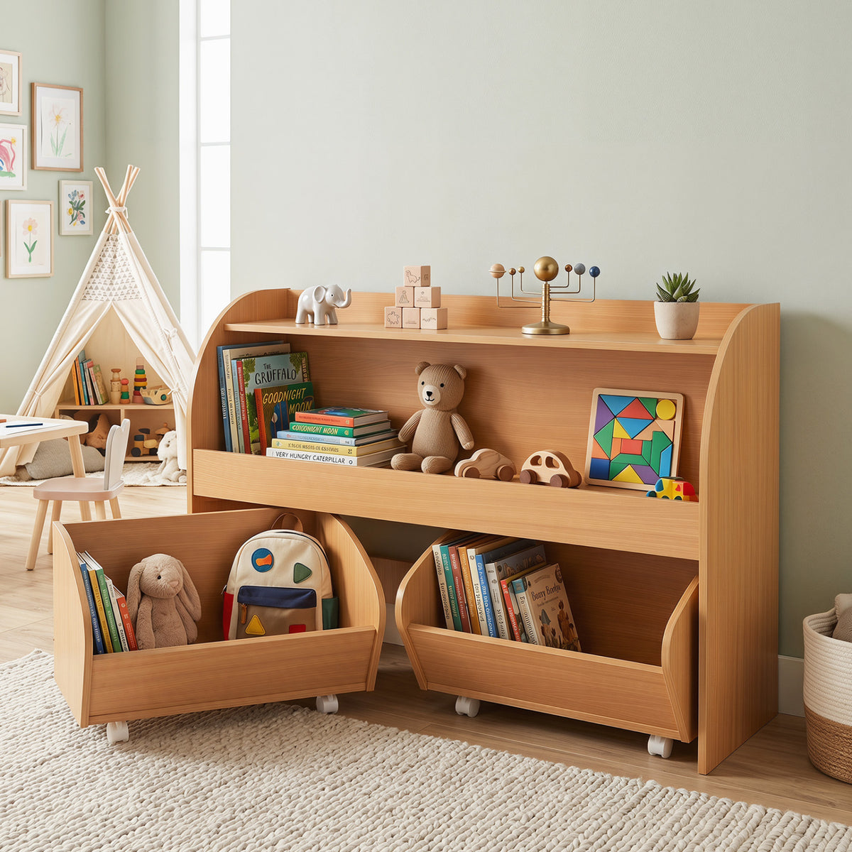 Kids Toy Storage Organizer with 2 Rolling Drawers & 3-Tier Bookshelf for Playroom-Natural view 2