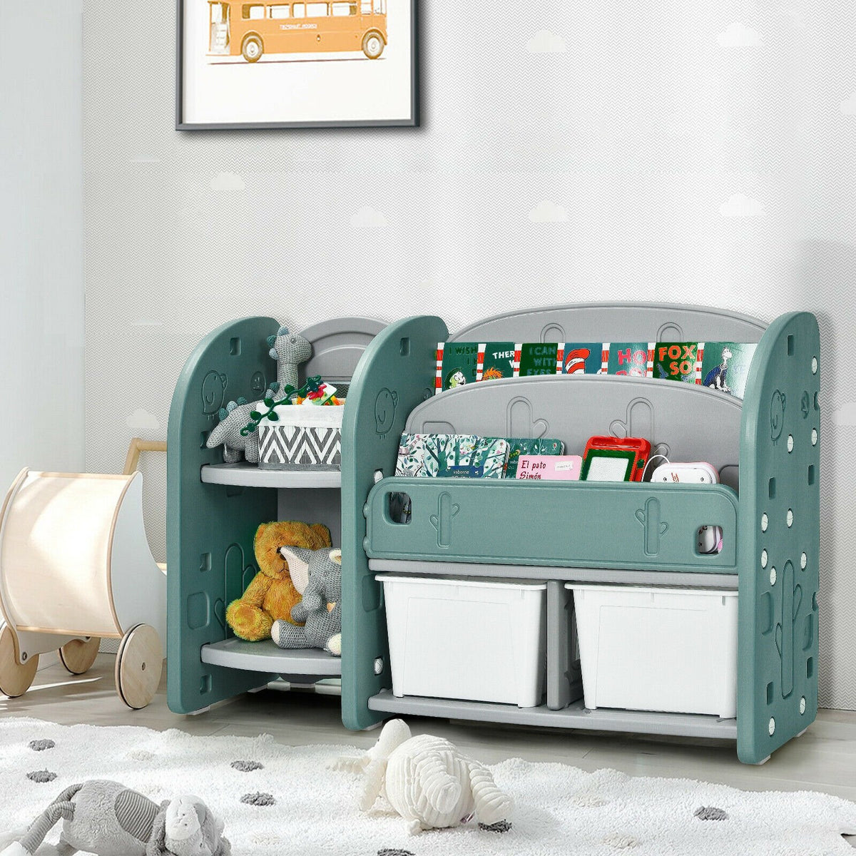 Kids Toy Storage Organizer with 2-Tier Bookshelf and Plastic Bins view 2
