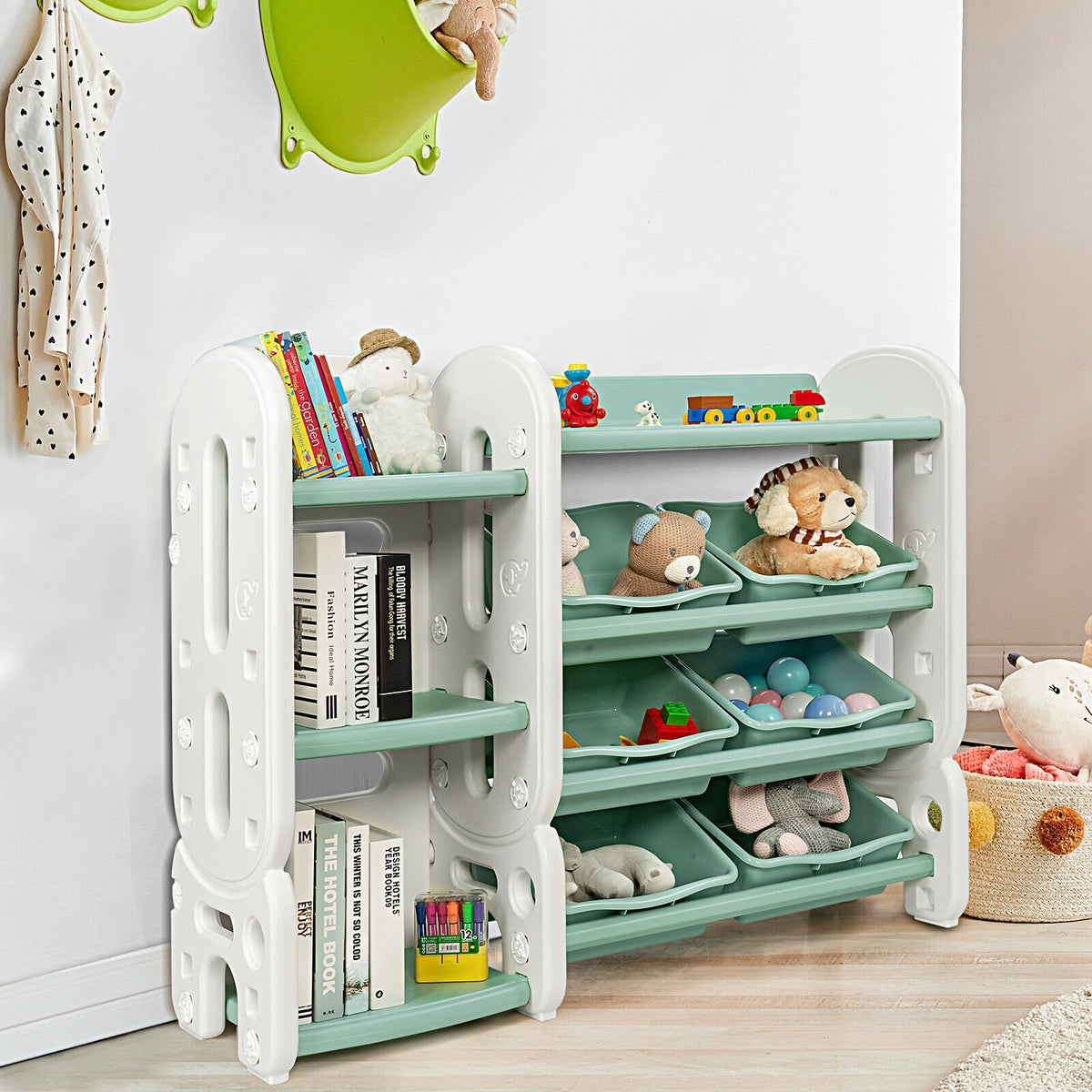 Kids Toy Storage Organizer with Bins and Multi-Layer Shelf for Bedroom Playroom-Green view 2