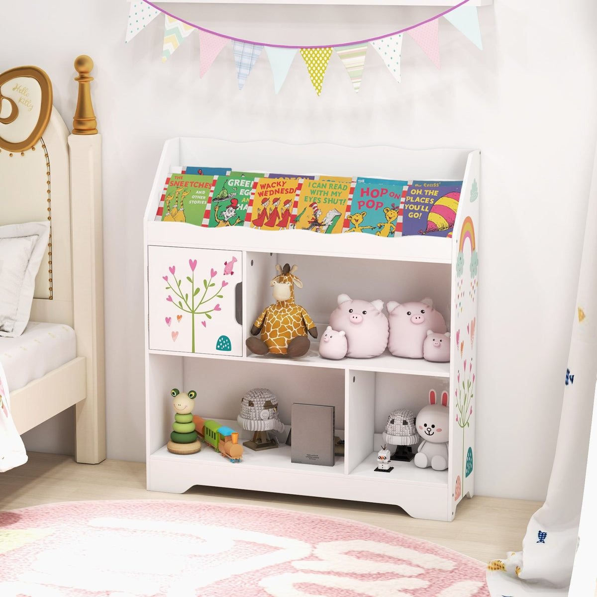 Kids Toy Storage Organizer with Book Shelf and Storage Cabinet-White view 2