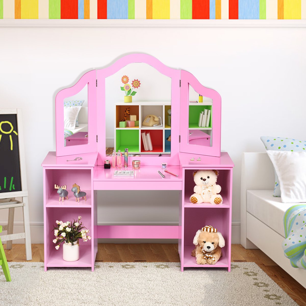Kids Tri Folding Mirror Makeup Dressing Vanity Table Set-Pink view 2