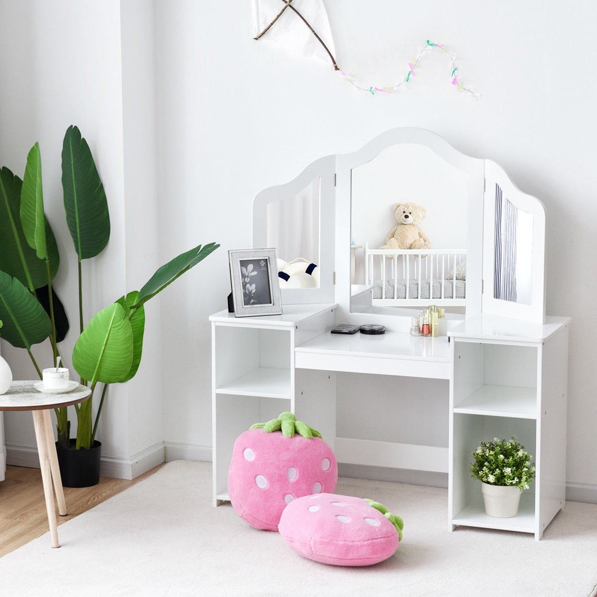 Kids Tri Folding Mirror Makeup Dressing Vanity Table Set-White view 2