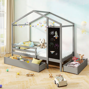 Kids Twin Size Bed with 2 Drawers Solid Wood Bed with Blackboard-Gray view 2