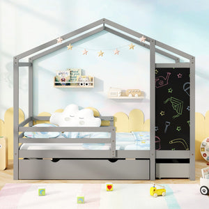 Kids Twin Size Bed with 2 Drawers Solid Wood Bed with Blackboard-Gray view 3