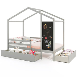 Kids Twin Size Bed with 2 Drawers Solid Wood Bed with Blackboard-Gray view 4