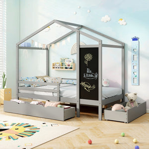 Kids Twin Size Bed with 2 Drawers Solid Wood Bed with Blackboard-Gray view 9
