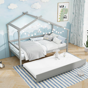 Kids Twin Size House Bed with Trundle and Roof-Gray view 2