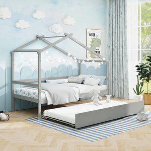 Kids Twin Size House Bed with Trundle and Roof-Gray view 7
