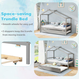 Kids Twin Size House Bed with Trundle and Roof-Gray view 8