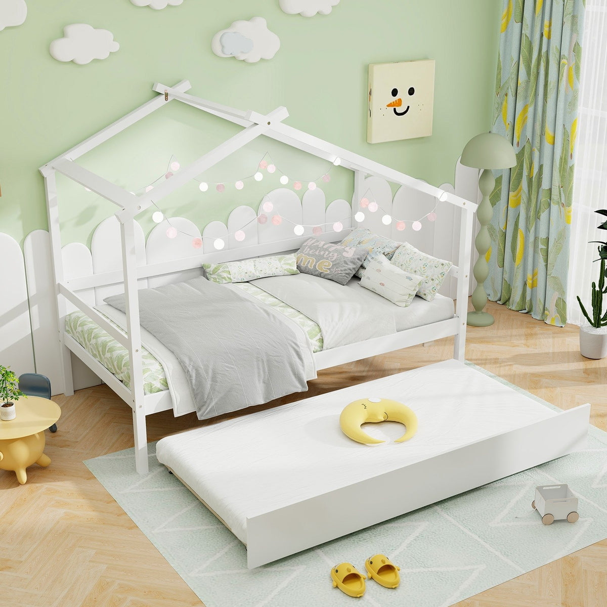 Kids Twin Size House Bed with Trundle and Roof-White view 2