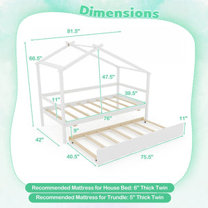 Kids Twin Size House Bed with Trundle and Roof-White view 5