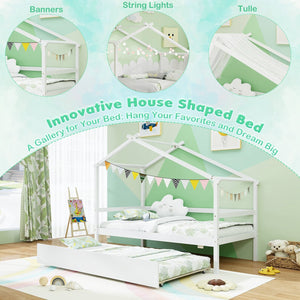 Kids Twin Size House Bed with Trundle and Roof-White view 9