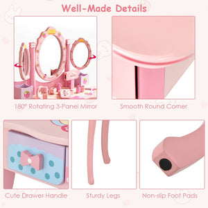 Kids Vanity Princess Makeup Dressing Table Chair Set with Tri-fold Mirror-Pink view 9