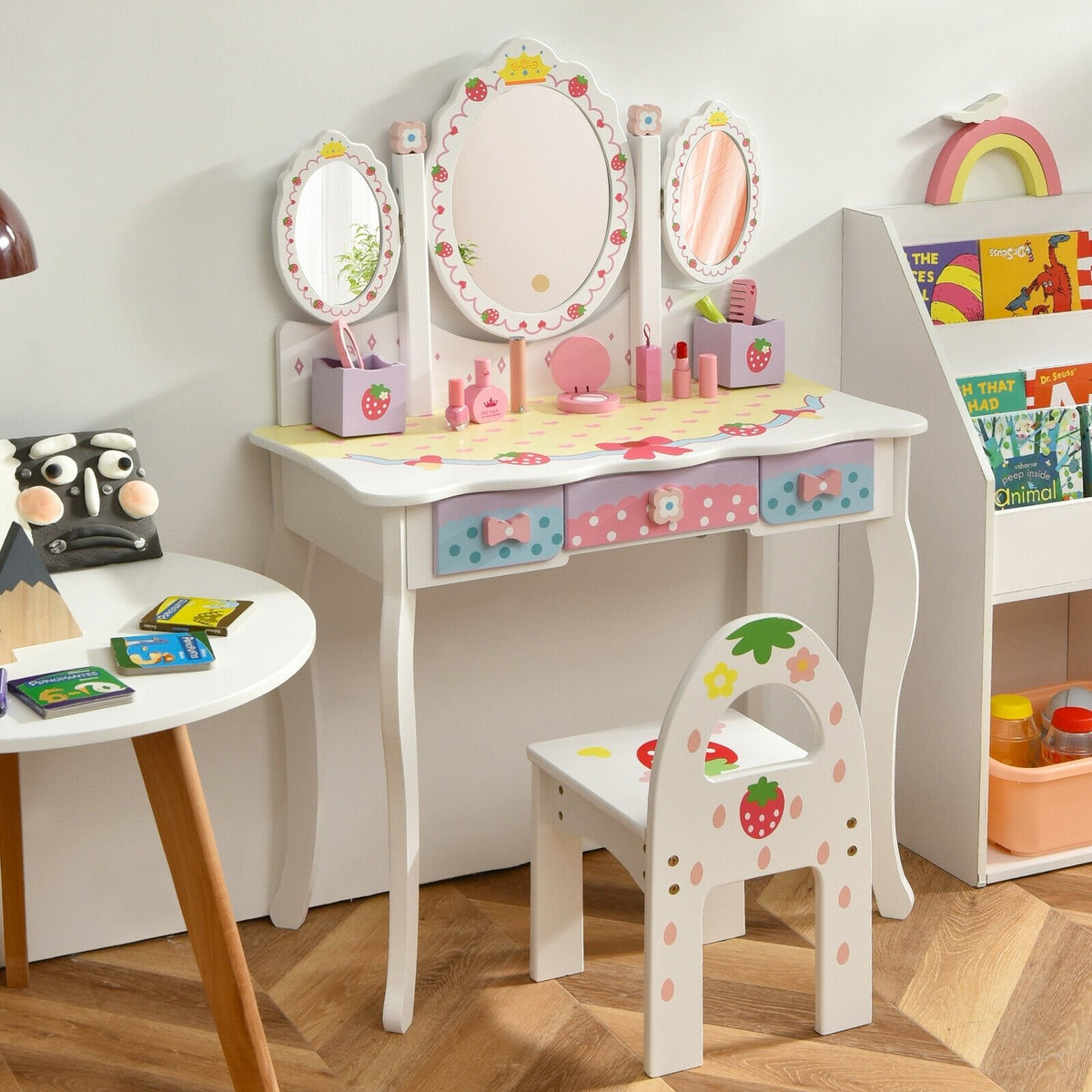 Kids Vanity Princess Makeup Dressing Table Chair Set with Tri-fold Mirror-White view 2