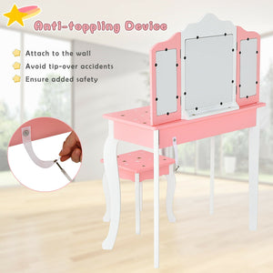 Kids Princess Vanity Table and Stool Set with Tri-folding Mirror and Drawer-Pink view 3