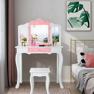 Kids Princess Vanity Table and Stool Set with Tri-folding Mirror and Drawer-White view 6