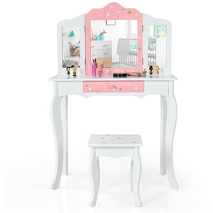 Kids Princess Vanity Table and Stool Set with Tri-folding Mirror and Drawer-White view 9