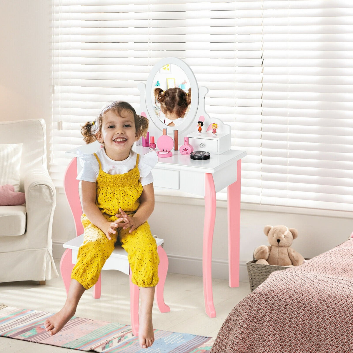 Kids Vanity Princess Makeup Dressing Table Stool Set with Mirror and Drawer-White view 2