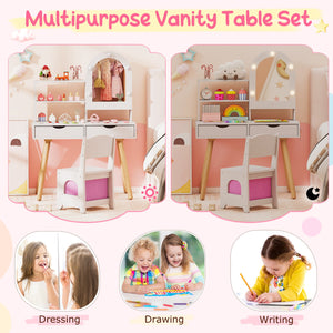 Kids Vanity Set Pretend Play Dressing Table Set with 3-Color Lighting Modes Adjustable Brightness and Mirror Cabinet-White view 8