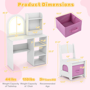 Kids Vanity Set Princess Girls Makeup Vanity Desk with Chair and 3-Color LED Lighted Mirror-White view 5