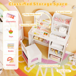 Kids Vanity Set Princess Girls Makeup Vanity Desk with Chair and 3-Color LED Lighted Mirror-White view 7