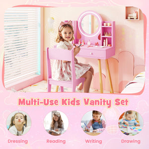 Kids Vanity Set with Lighted Mirror and Storage Drawers-Pink view 9