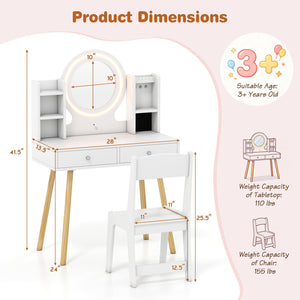 Kids Vanity Set with Lighted Mirror and Storage Drawers-White view 5