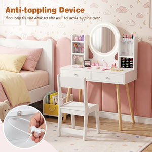Kids Vanity Set with Lighted Mirror and Storage Drawers-White view 9