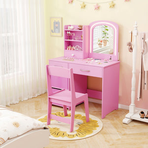 Kids Vanity Set with Lighted Mirror Makeup Desk and Chair Set with Drawers-Pink view 2