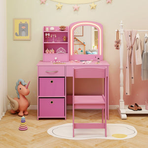 Kids Vanity Set with Lighted Mirror Makeup Desk and Chair Set with Drawers-Pink view 3
