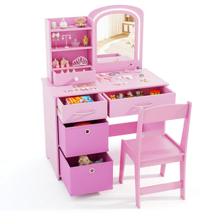 Kids Vanity Set with Lighted Mirror Makeup Desk and Chair Set with Drawers-Pink view 4